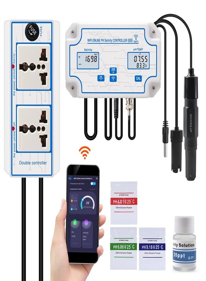 Yewhick WiFi Pool Salt Tester and pH Monitor, Aquarium pH Monitor with pH Controller Online, Salinity Tester for Saltwater Pool Koi Fish Pond Aquaculture Aquarium Desalination Tuya APP Control - Image 1